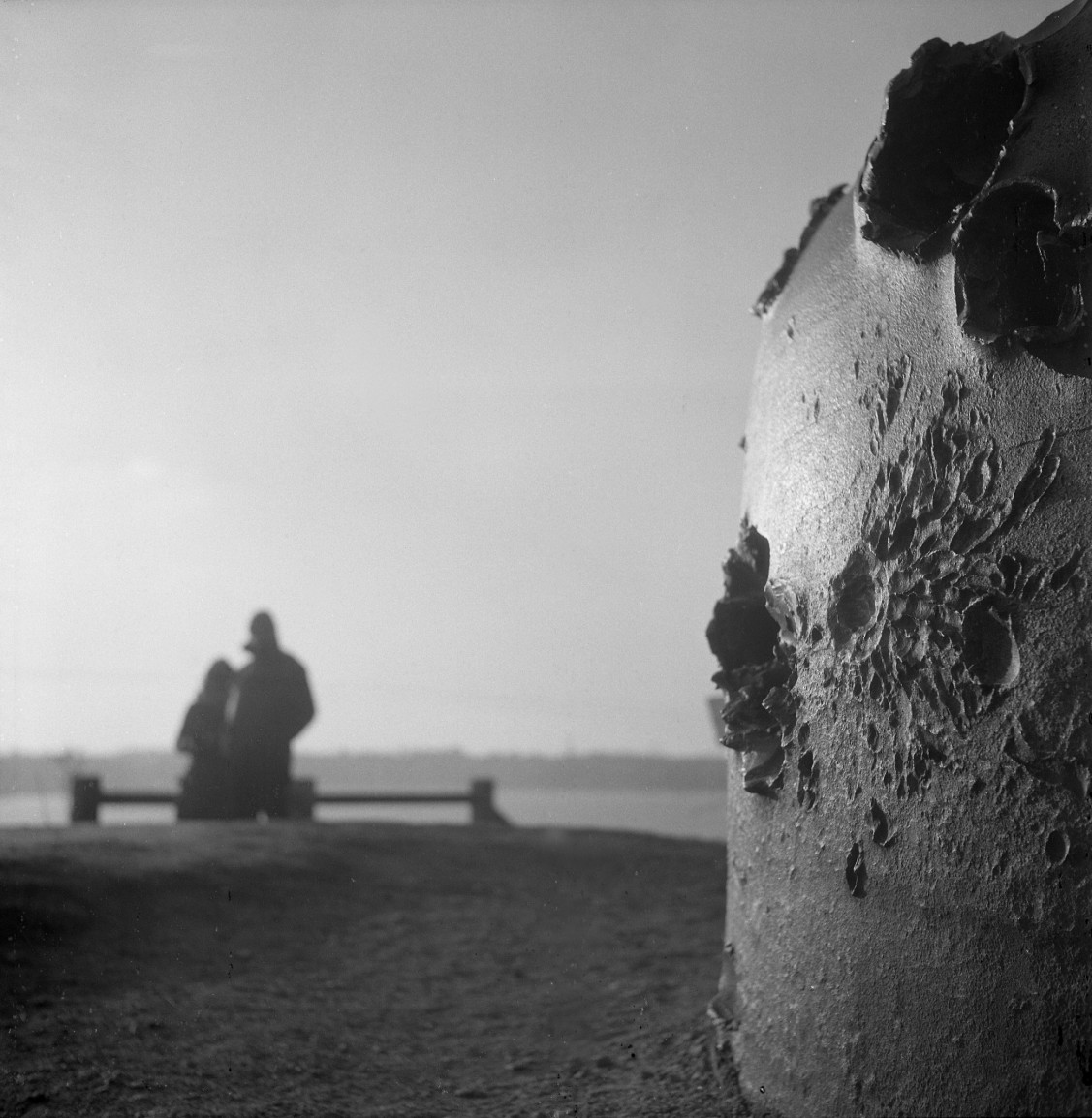 Longtemps après, photographie argentique noir et blanc, matière au premier plan et silhouettes au loin